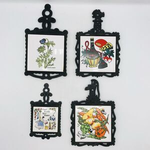 Lot of 4 Vintage Cast Iron and Ceramic Tile Trivet Vegetables, Cheese, Flower